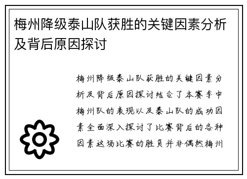 梅州降级泰山队获胜的关键因素分析及背后原因探讨